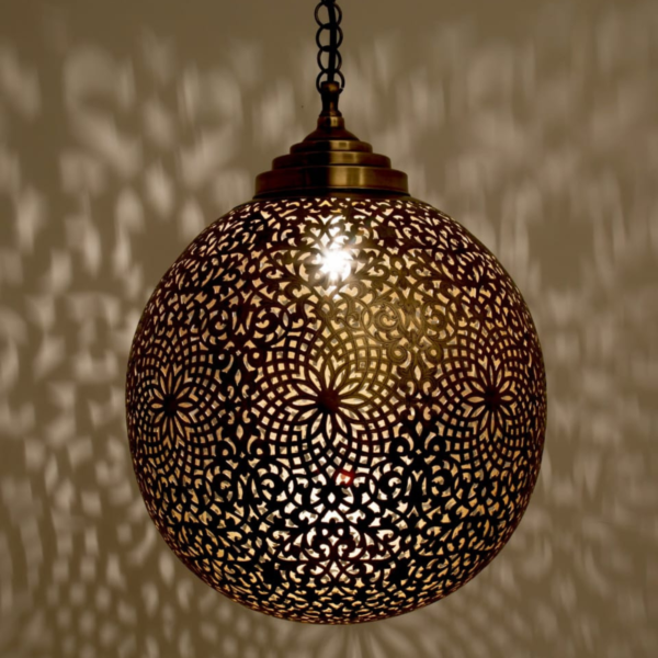 Exquisite Handmade Brass Moroccan Pendant Lamp – Spherical Shape with Intricate Cut-Out Patterns